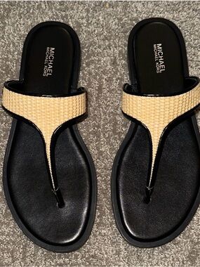 Michael Kors Black Footbed Tan Woven Thong Sandals